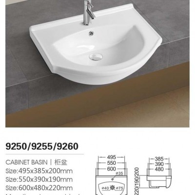 550*390*190mm CE Approved Wash Basin Bathroom Furniture Design 9255